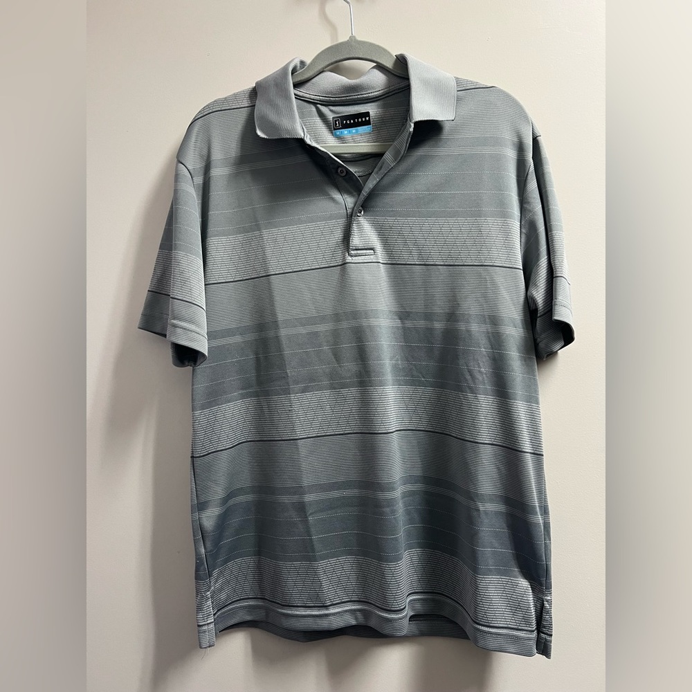 PGA Tour Golf Mens Short Sleeve Collared Polo Shirt Gray Striped Size Medium